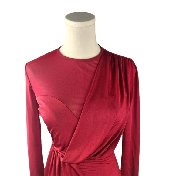 Privy Burgundy Mesh Panel Draped Bodycon Mini Dress S Sheer Sexy Red Long Sleeve - Picture 2 of 12
